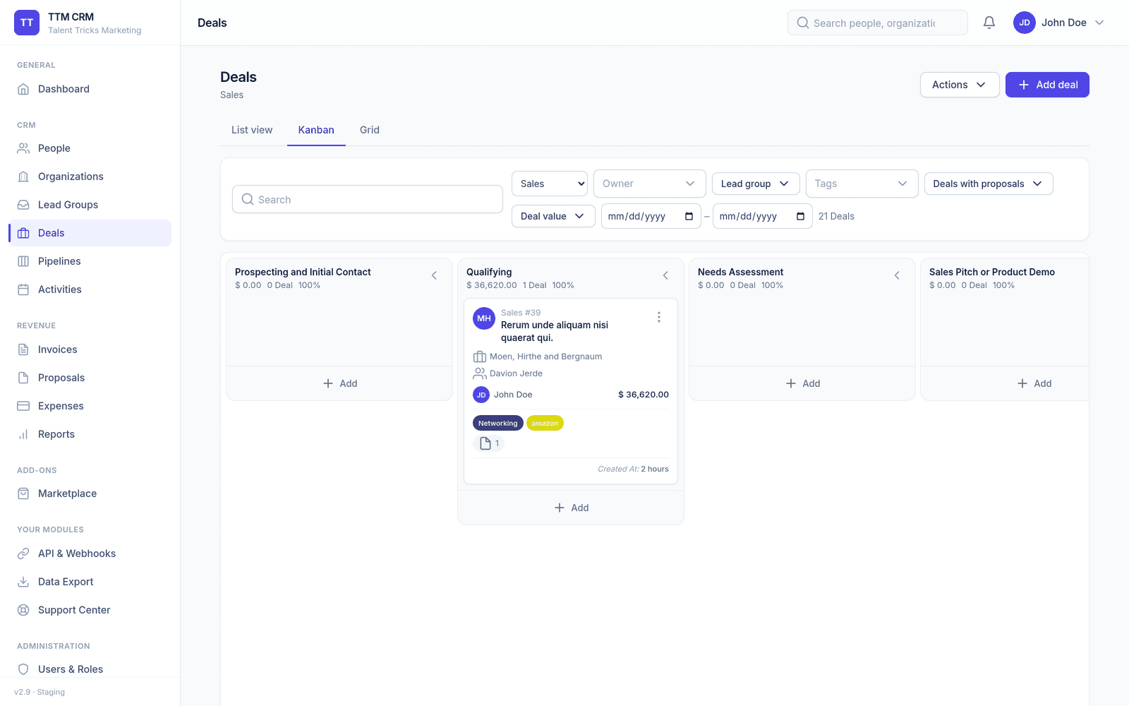 TTM CRM deals Kanban board - opportunities across pipeline stages with value and owner