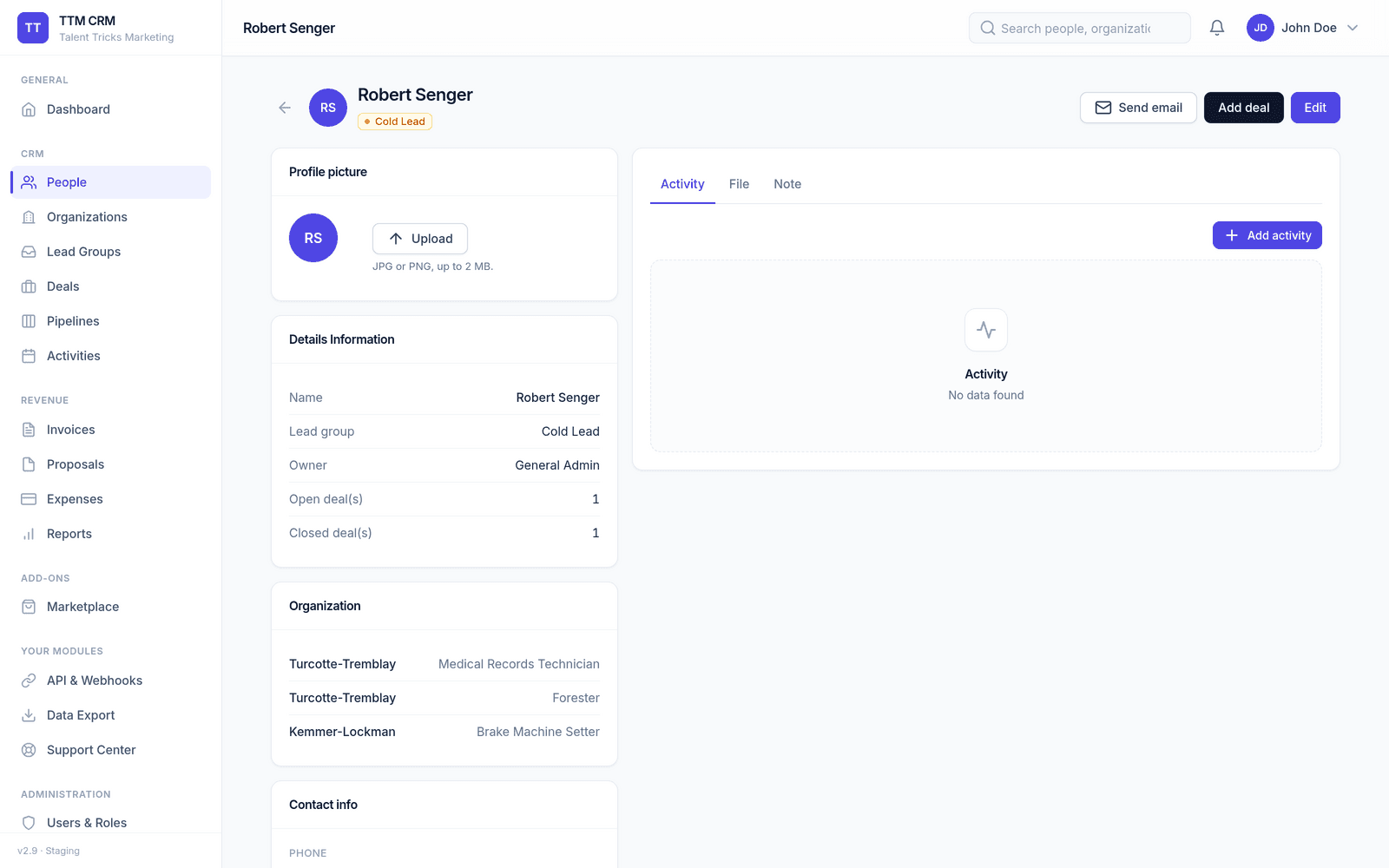 TTM CRM contact record - lead status, owner, organisation, contact details and activity